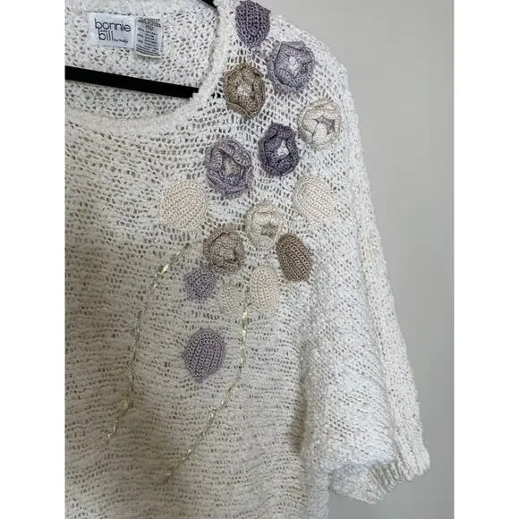 Vintage Cream  3D Floral Knit Pastels 90s Sz Medium - Picture 8 of 9
